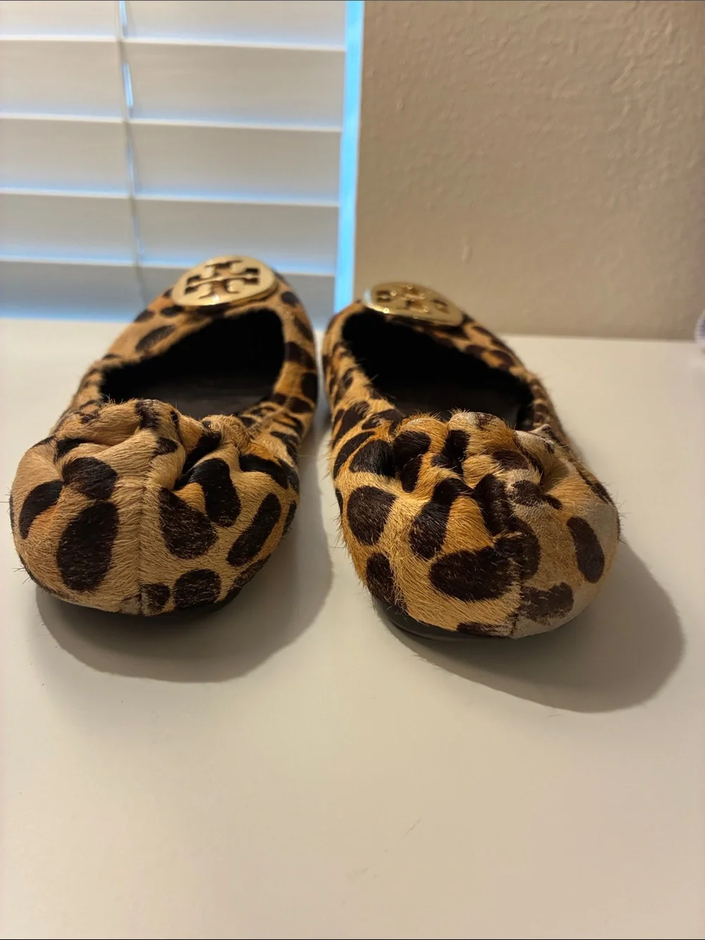 Tory Burch Leopard-Print Ballet Flats with Gold Logo, Size 7.5